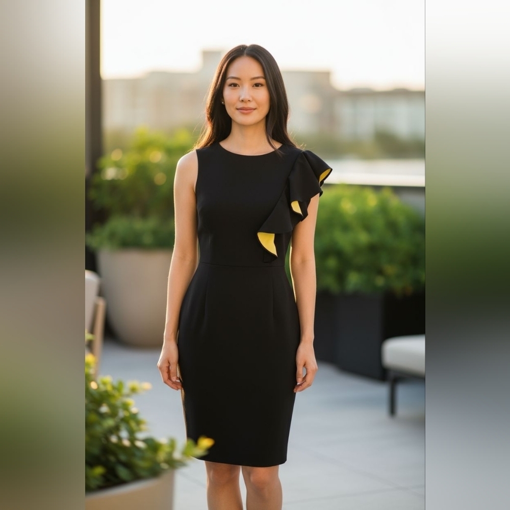 Calvin Klein Elegant Black sheath Dress with green Ruffle Detail sz 12 new tags